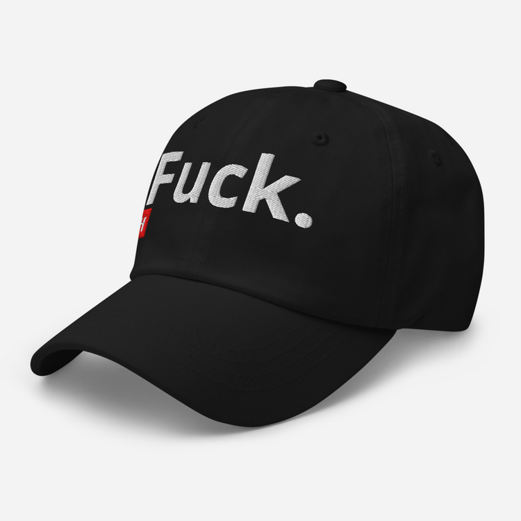 Black TMiTH dad hat with Fuck. stitched flat in bone white on the front