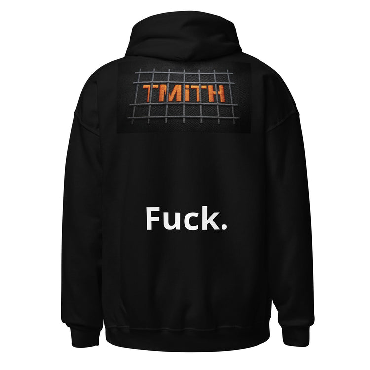 Back of a black TMiTH hoodie with the orange TMiTH flash behind steel-gray bars
