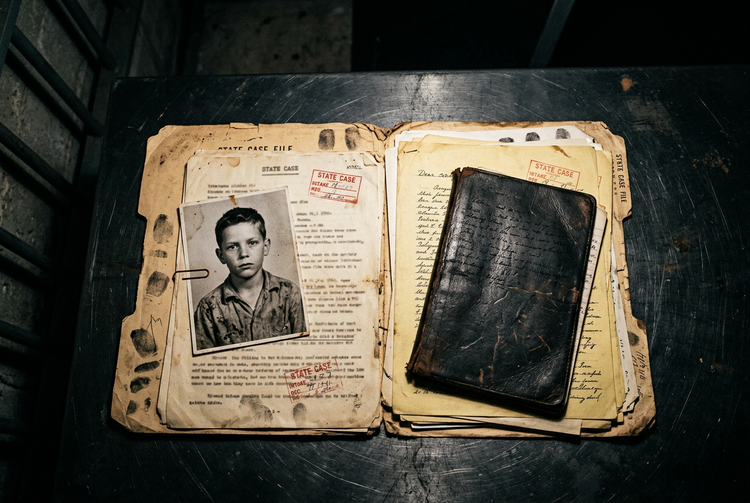 An open state case file with an old photo of a boy and a worn leather journal on top