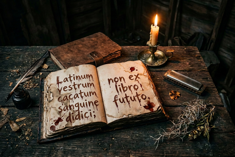 An open journal by candlelight with Latinum vestrum cacatum sanguine didici; non ex libro fututo. written across its pages in blood
