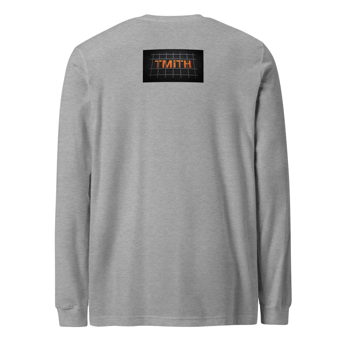 athletic heather TMiTH long sleeve tee with orange TMiTH lettering behind gray jail bars on the upper back. The Man in The Hat 907 artist merch expressing mental health and raw expression.