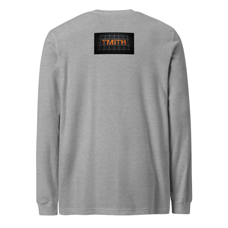 athletic heather TMiTH long sleeve tee with orange TMiTH lettering behind gray jail bars on the upper back. The Man in The Hat 907 artist merch expressing mental health and raw expression.