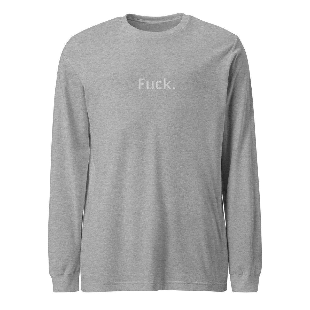 athletic heather TMiTH long sleeve tee with small white “Fuck.” lettering on the chest, front view. The Man in The Hat 907 artist merch expressing generational trauma and breaking the silence.