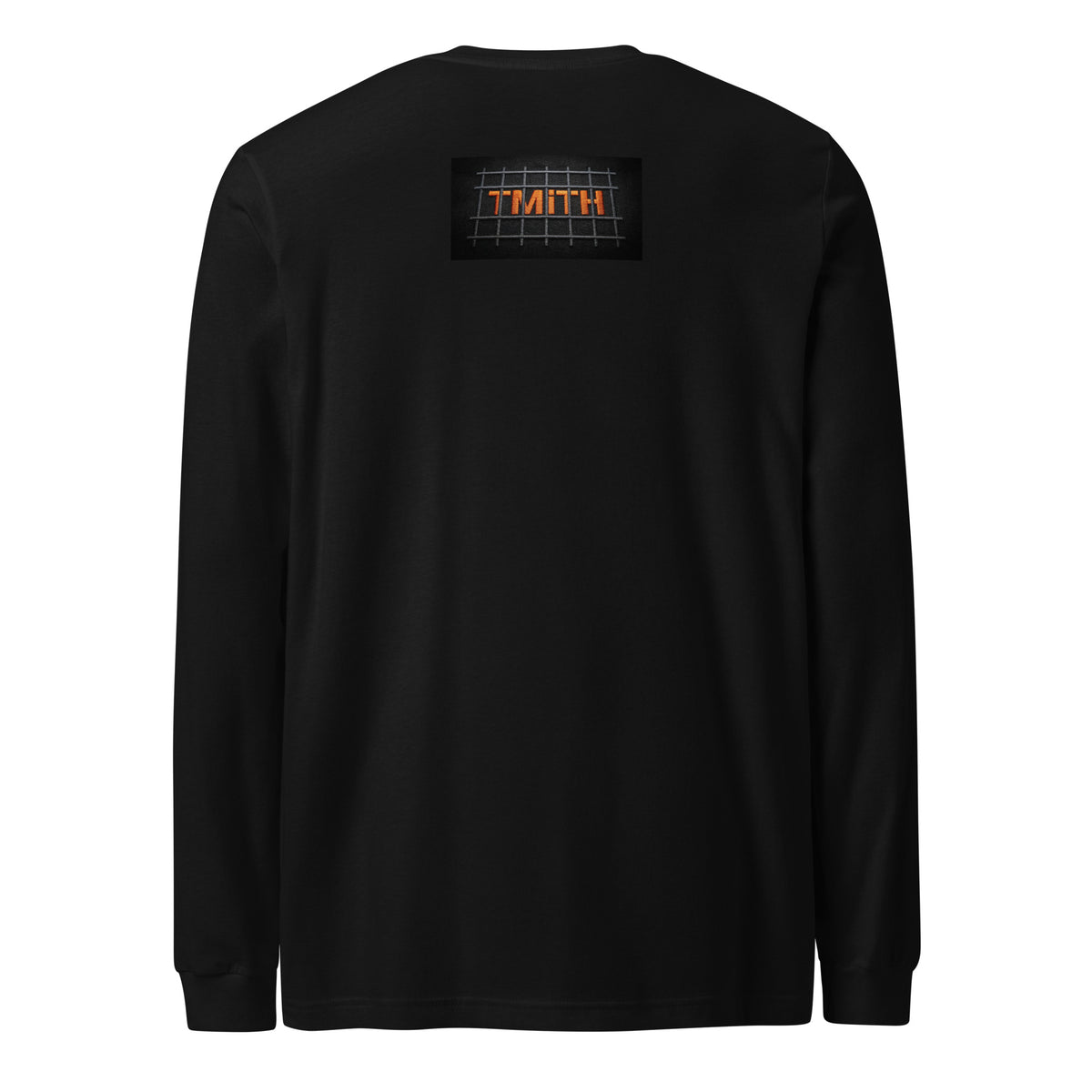 black TMiTH long sleeve tee with orange TMiTH lettering behind gray jail bars on the upper back. The Man in The Hat 907 artist merch expressing generational trauma and breaking the silence.