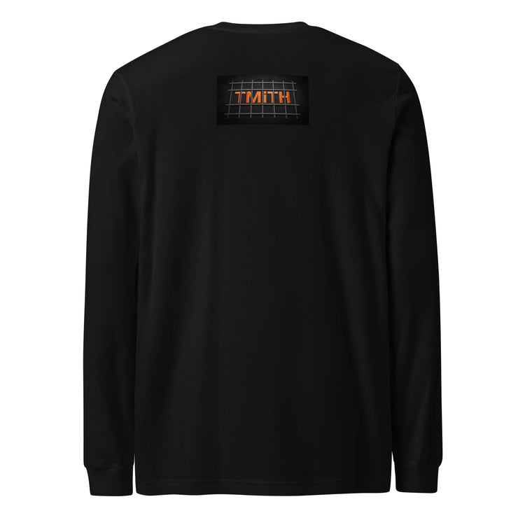 black TMiTH long sleeve tee with orange TMiTH lettering behind gray jail bars on the upper back. The Man in The Hat 907 artist merch expressing generational trauma and breaking the silence.