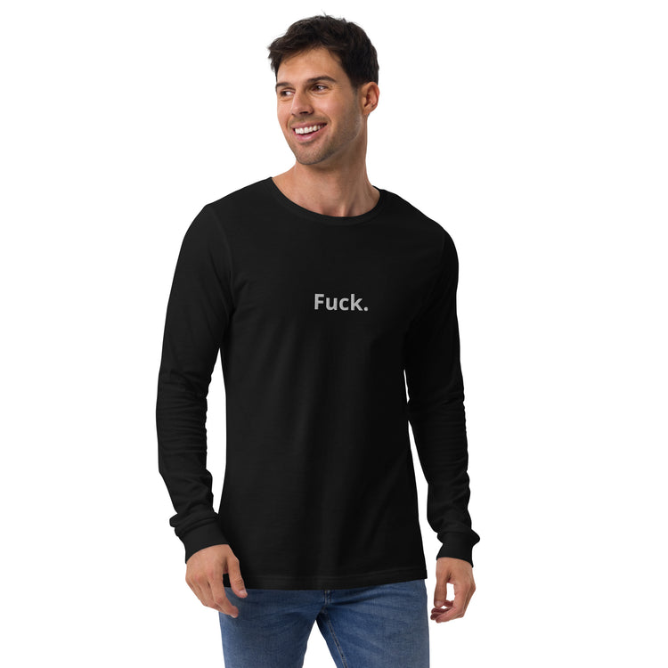 Model wearing a black Fuck. long sleeve tee from The Man in The Hat 907, front view. The Man in The Hat 907 artist merch expressing complex PTSD handshake.