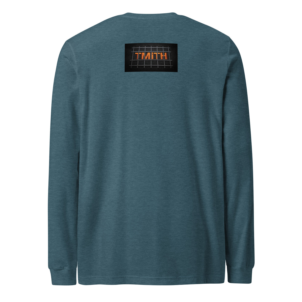 heather deep teal TMiTH long sleeve tee with orange TMiTH lettering behind gray jail bars on the upper back. The Man in The Hat 907 artist merch expressing mental health and raw expression.