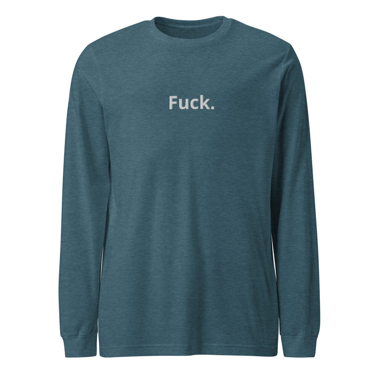 heather deep teal TMiTH long sleeve tee with small white “Fuck.” lettering on the chest, front view. The Man in The Hat 907 artist merch expressing generational trauma and breaking the silence.