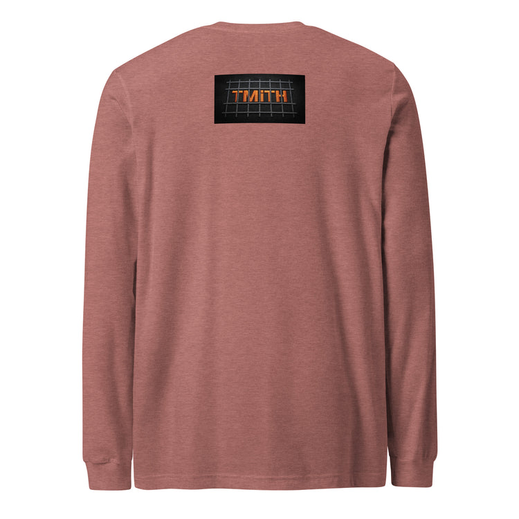 heather mauve TMiTH long sleeve tee with orange TMiTH lettering behind gray jail bars on the upper back. The Man in The Hat 907 artist merch expressing You Are Not Alone message.