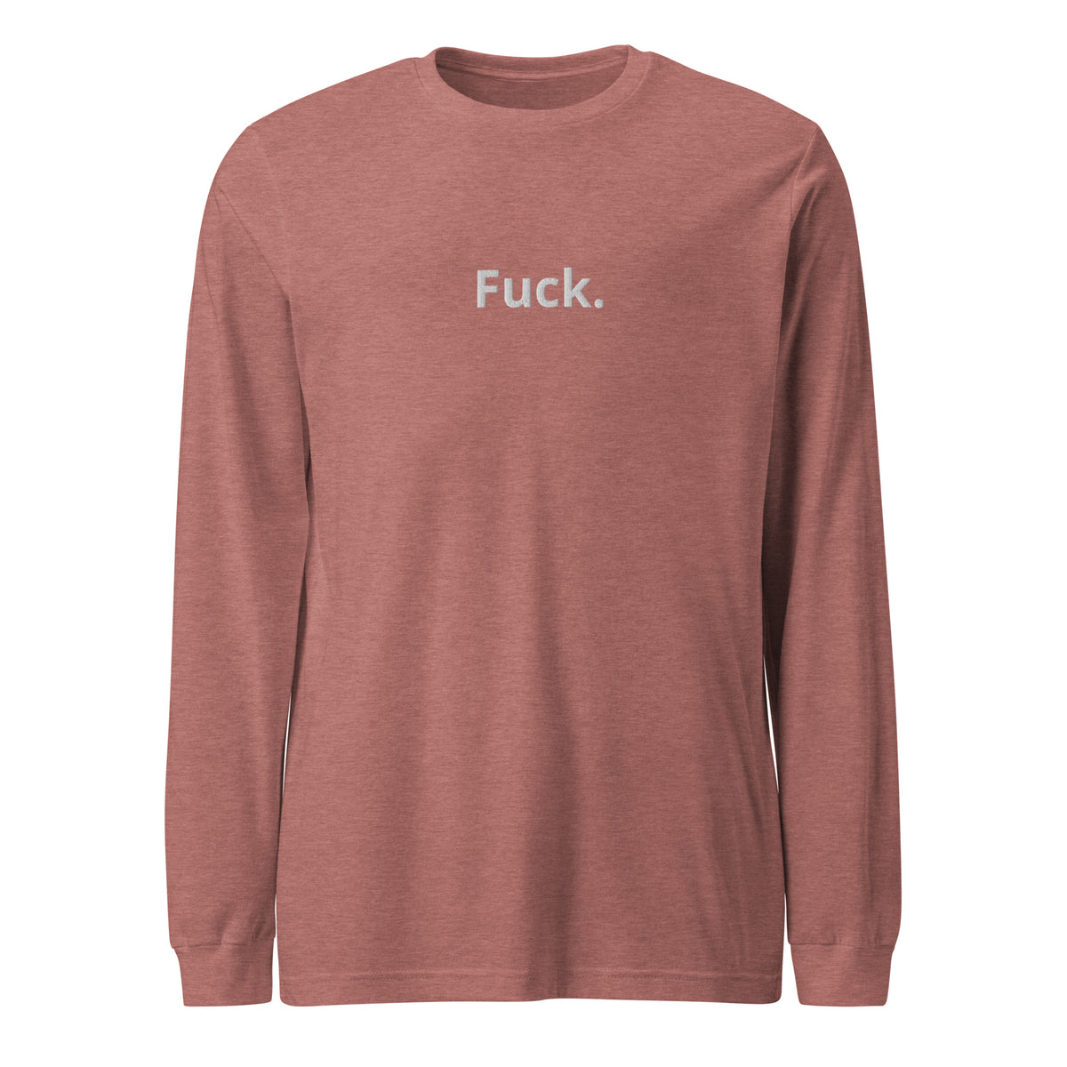 heather mauve TMiTH long sleeve tee with small white “Fuck.” lettering on the chest, front view. The Man in The Hat 907 artist merch expressing abuse-survivor solidarity.