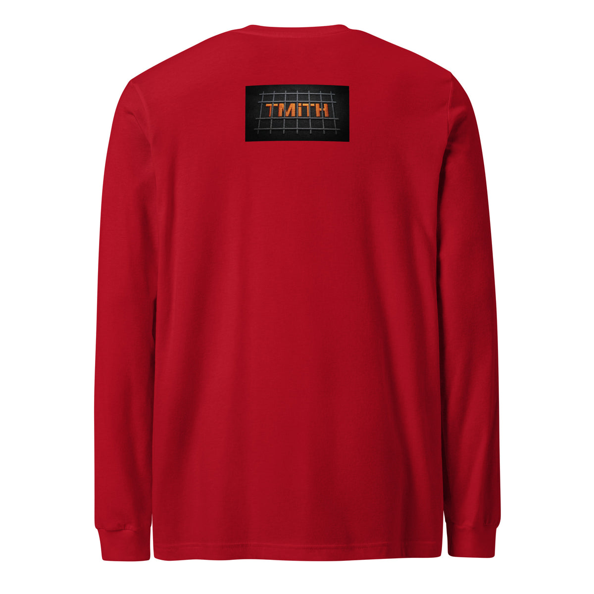 red TMiTH long sleeve tee with orange TMiTH lettering behind gray jail bars on the upper back. The Man in The Hat 907 artist merch expressing You Are Not Alone message.
