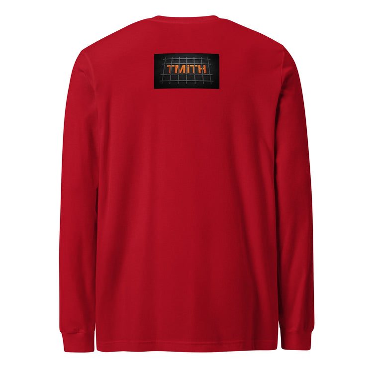 red TMiTH long sleeve tee with orange TMiTH lettering behind gray jail bars on the upper back. The Man in The Hat 907 artist merch expressing You Are Not Alone message.