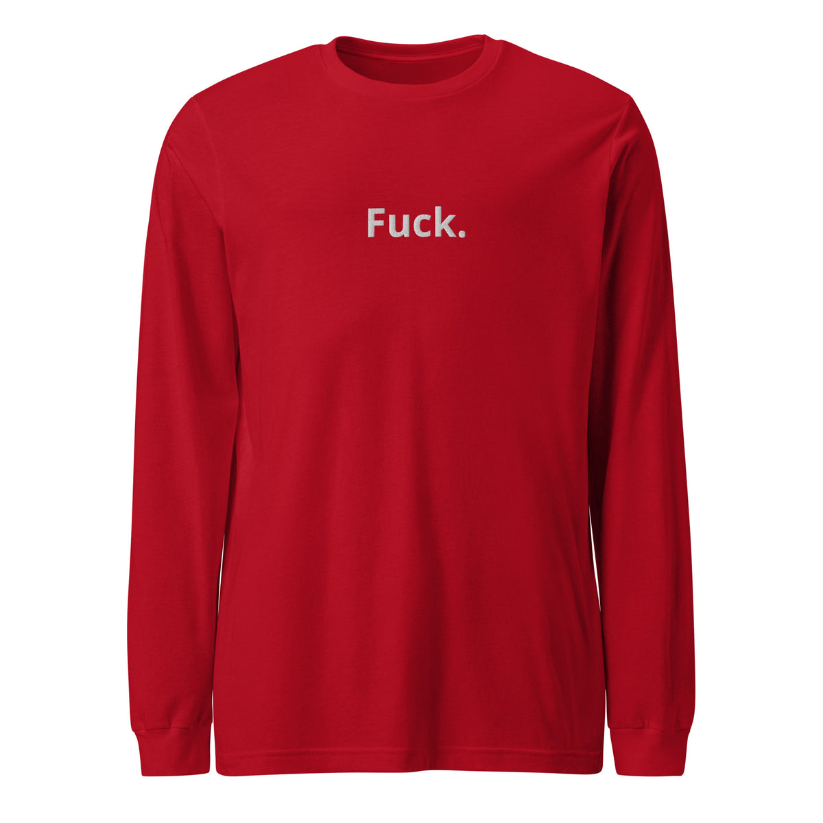 red TMiTH long sleeve tee with small white “Fuck.” lettering on the chest, front view. The Man in The Hat 907 artist merch expressing abuse-survivor solidarity.