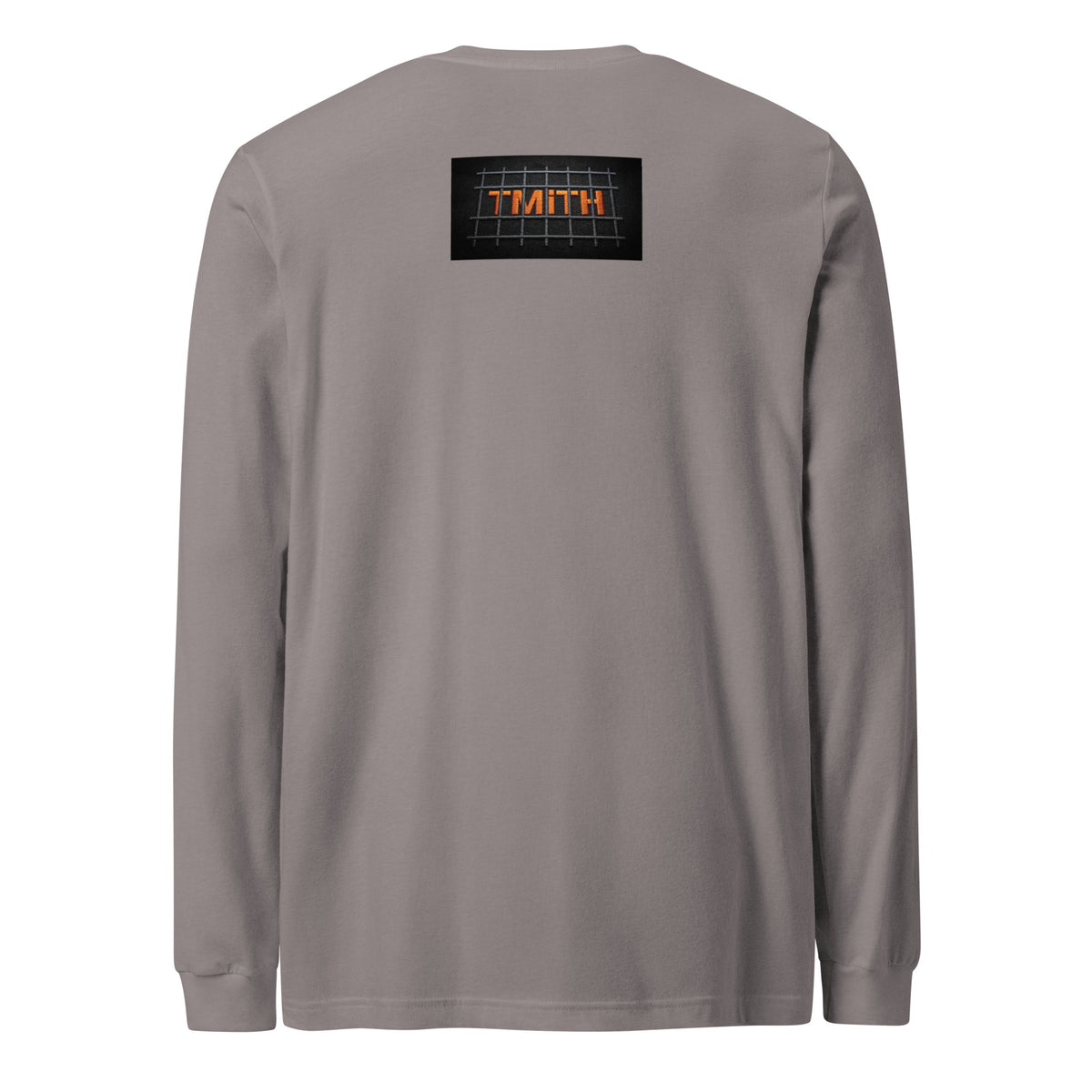 storm TMiTH long sleeve tee with orange TMiTH lettering behind gray jail bars on the upper back. The Man in The Hat 907 artist merch expressing PTSD and complex trauma expression.