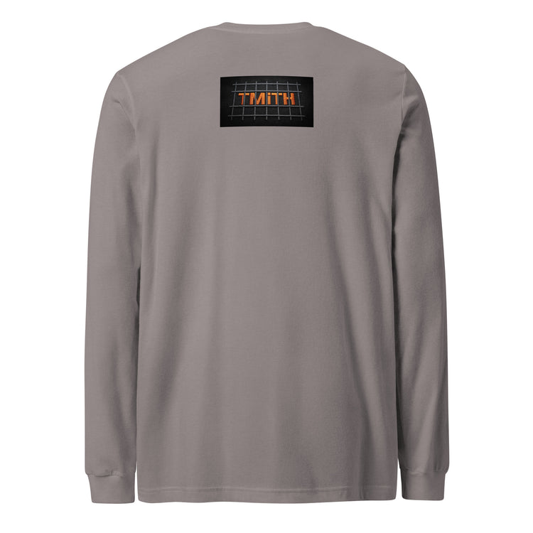 storm TMiTH long sleeve tee with orange TMiTH lettering behind gray jail bars on the upper back. The Man in The Hat 907 artist merch expressing PTSD and complex trauma expression.