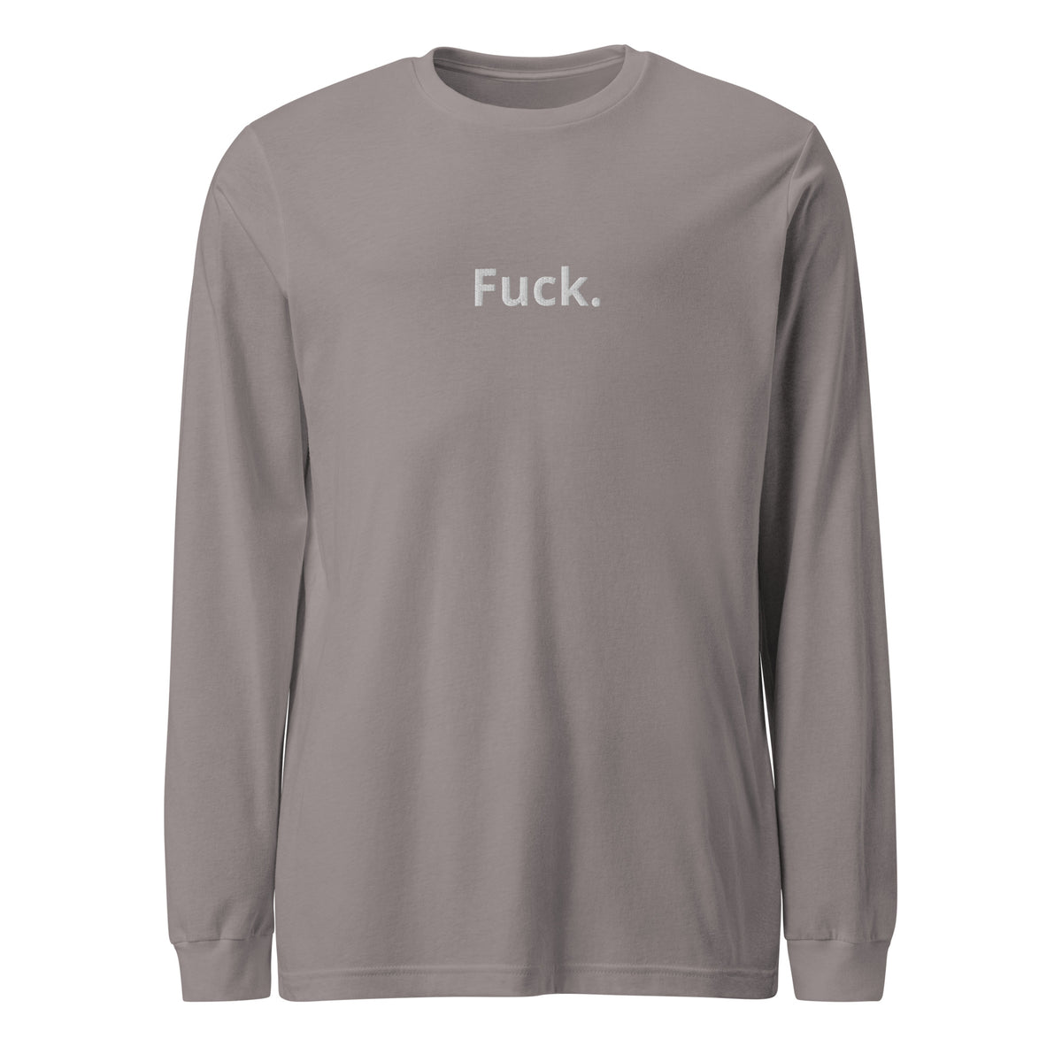 storm TMiTH long sleeve tee with small white “Fuck.” lettering on the chest, front view. The Man in The Hat 907 artist merch expressing complex PTSD handshake.