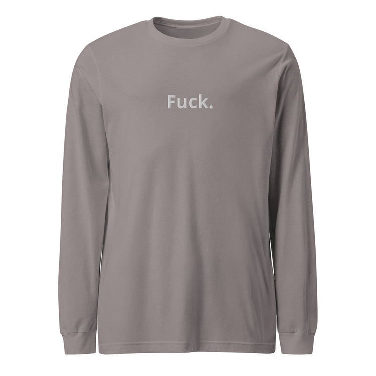 storm TMiTH long sleeve tee with small white “Fuck.” lettering on the chest, front view. The Man in The Hat 907 artist merch expressing complex PTSD handshake.