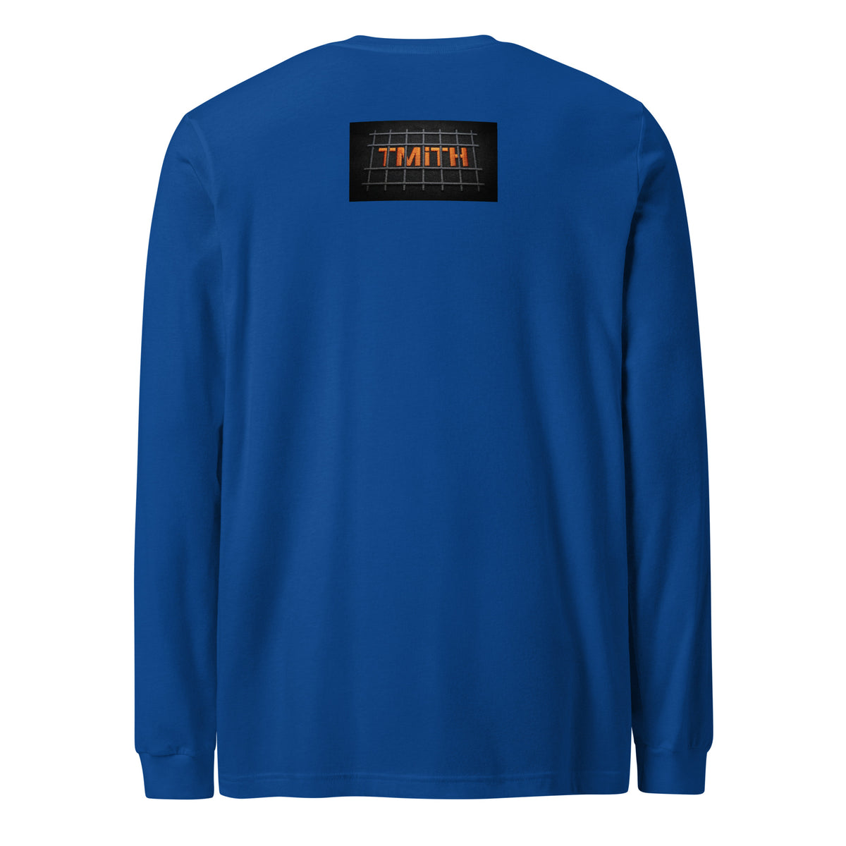 true royal TMiTH long sleeve tee with orange TMiTH lettering behind gray jail bars on the upper back. The Man in The Hat 907 artist merch expressing PTSD and complex trauma expression.