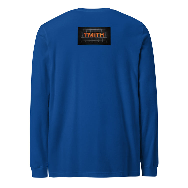 true royal TMiTH long sleeve tee with orange TMiTH lettering behind gray jail bars on the upper back. The Man in The Hat 907 artist merch expressing PTSD and complex trauma expression.