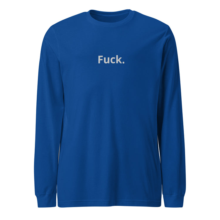 true royal TMiTH long sleeve tee with small white “Fuck.” lettering on the chest, front view. The Man in The Hat 907 artist merch expressing complex PTSD handshake.