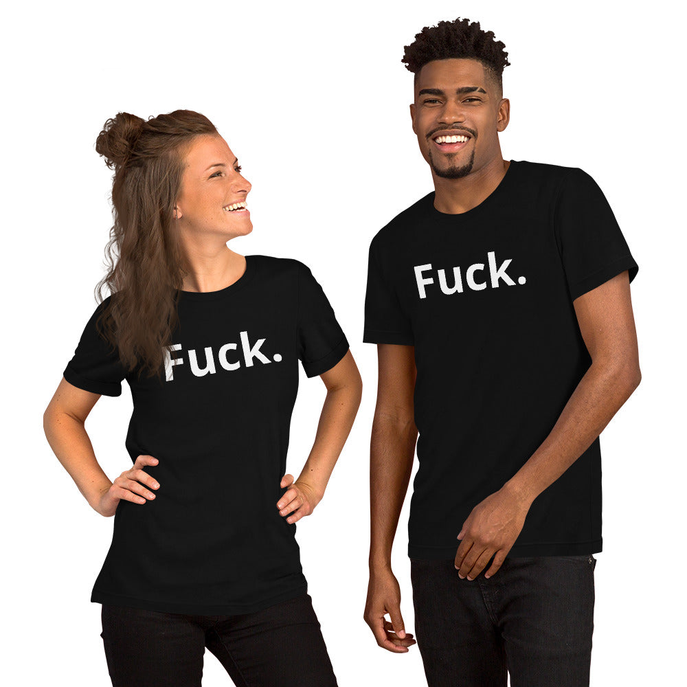 Two models wearing black Fuck. graphic tees, artist merch from The Man in The Hat 907. The Man in The Hat 907 artist merch expressing mental health and raw expression.