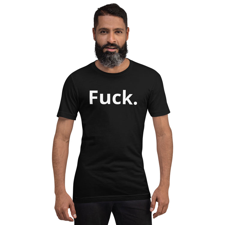 Model wearing a black Fuck. graphic T-shirt from TMiTH, front view. The Man in The Hat 907 artist merch expressing complex PTSD handshake.