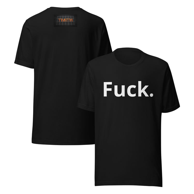 black TMiTH graphic tee, front and back with white “Fuck.” lettering and orange TMiTH behind jail bars. The Man in The Hat 907 artist merch expressing PTSD and complex trauma expression.
