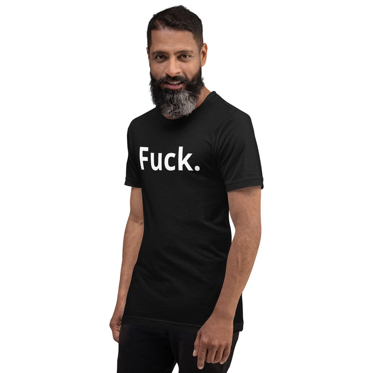 Model wearing a black Fuck. graphic T-shirt from TMiTH, angled front view. The Man in The Hat 907 artist merch expressing You Are Not Alone message.