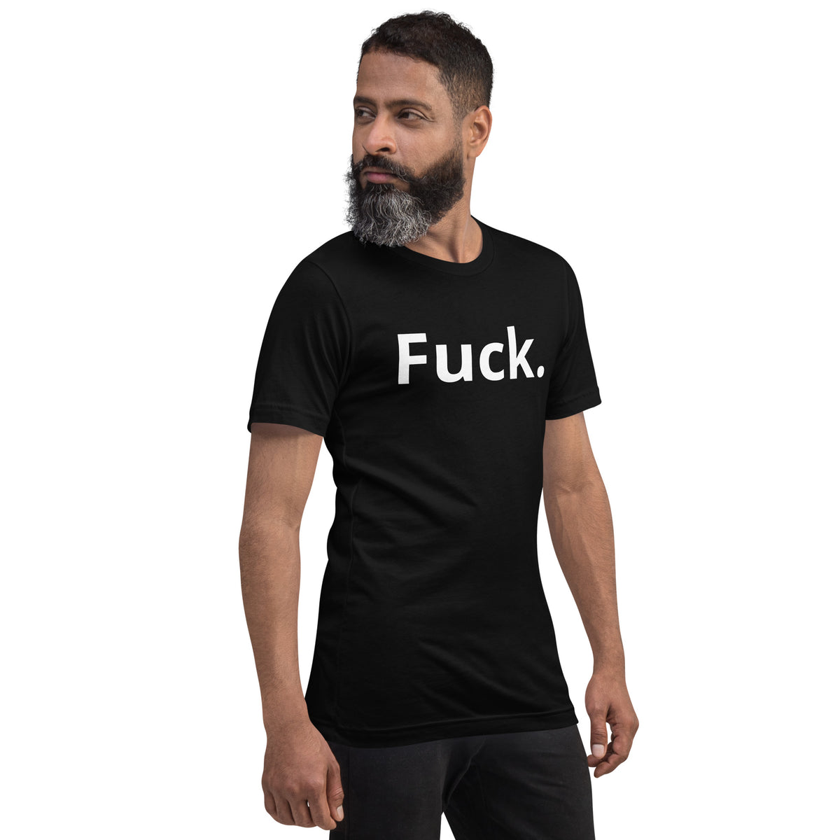 Model wearing a black Fuck. graphic T-shirt from TMiTH, opposite angled front view. The Man in The Hat 907 artist merch expressing complex PTSD handshake.