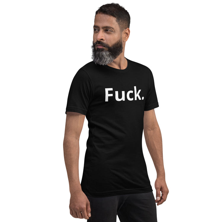 Model wearing a black Fuck. graphic T-shirt from TMiTH, opposite angled front view. The Man in The Hat 907 artist merch expressing complex PTSD handshake.