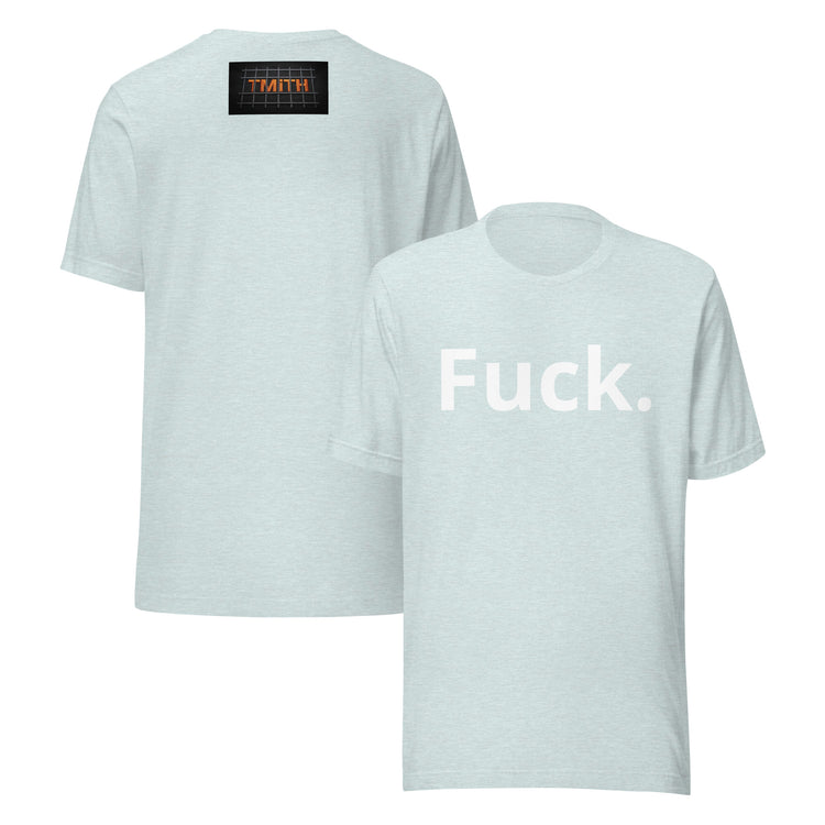 heather prism ice blue TMiTH graphic tee, front and back with white “Fuck.” lettering and orange TMiTH behind jail bars. The Man in The Hat 907 artist merch expressing PTSD and complex trauma expression.