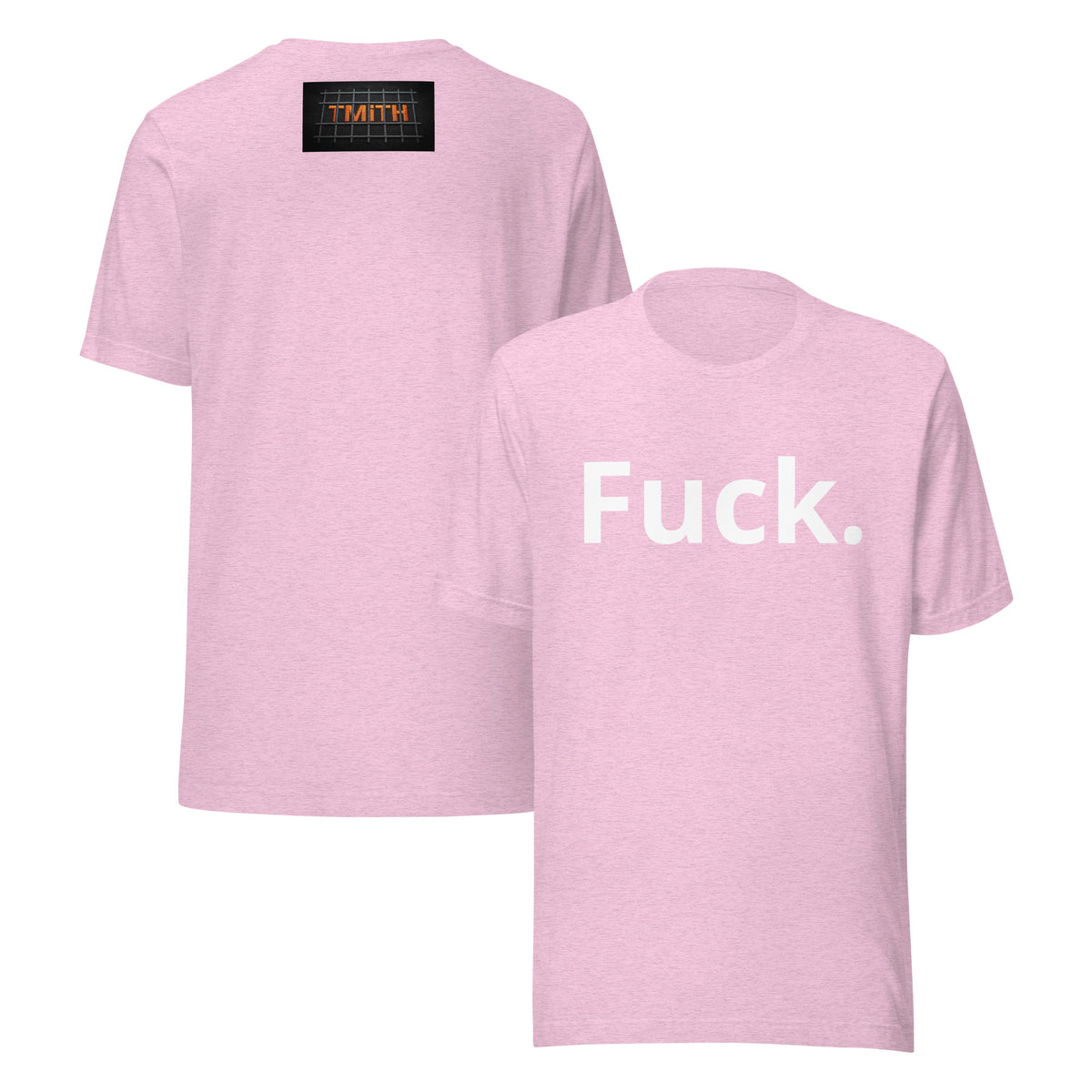 heather prism lilac TMiTH graphic tee, front and back with white “Fuck.” lettering and orange TMiTH behind jail bars. The Man in The Hat 907 artist merch expressing complex PTSD handshake.