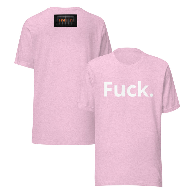 heather prism lilac TMiTH graphic tee, front and back with white “Fuck.” lettering and orange TMiTH behind jail bars. The Man in The Hat 907 artist merch expressing complex PTSD handshake.