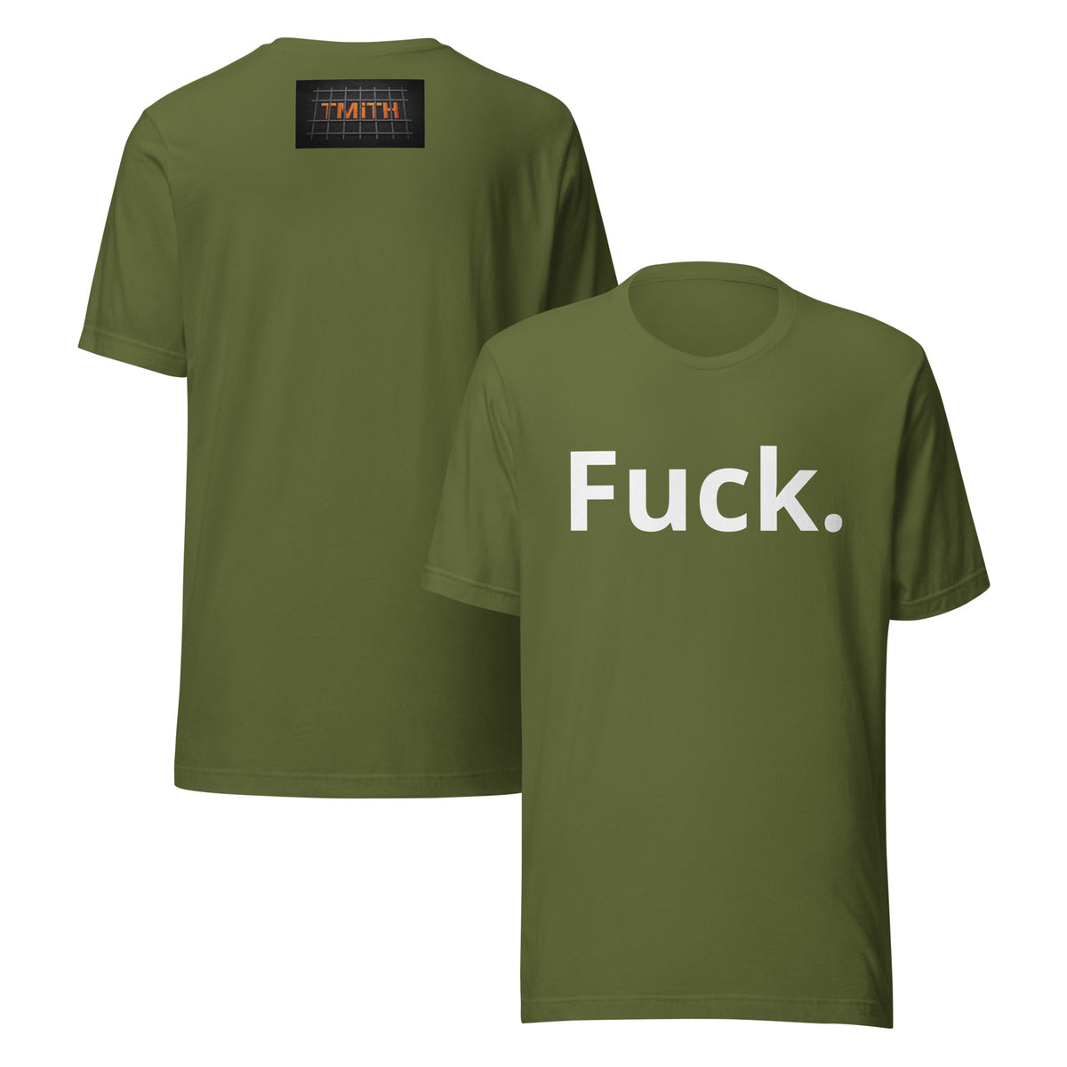 olive TMiTH graphic tee, front and back with white “Fuck.” lettering and orange TMiTH behind jail bars. The Man in The Hat 907 artist merch expressing abuse-survivor solidarity.