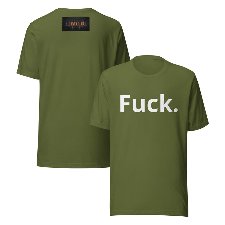 olive TMiTH graphic tee, front and back with white “Fuck.” lettering and orange TMiTH behind jail bars. The Man in The Hat 907 artist merch expressing abuse-survivor solidarity.