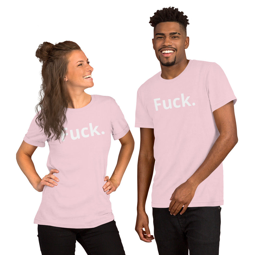 Two models wearing soft pink Fuck. graphic tees, artist merch from The Man in The Hat 907. The Man in The Hat 907 artist merch expressing PTSD and complex trauma expression.