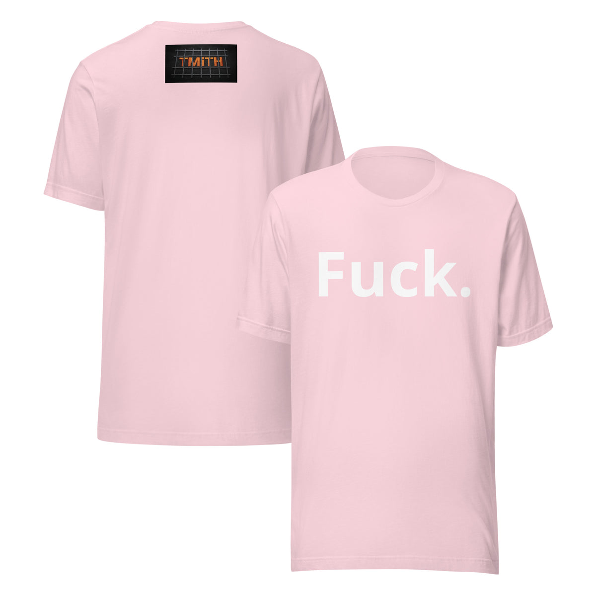 soft pink TMiTH graphic tee, front and back with white “Fuck.” lettering and orange TMiTH behind jail bars. The Man in The Hat 907 artist merch expressing generational trauma and breaking the silence.