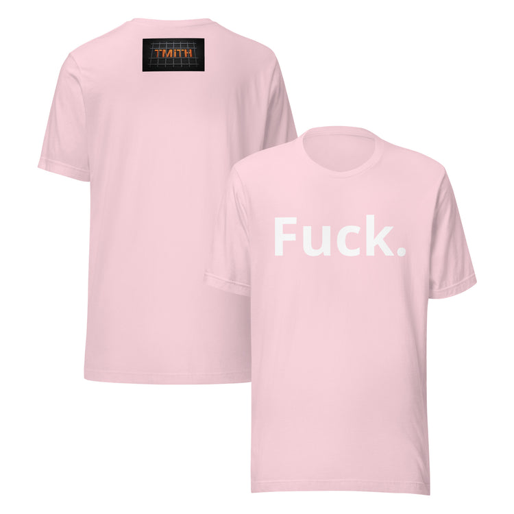 soft pink TMiTH graphic tee, front and back with white “Fuck.” lettering and orange TMiTH behind jail bars. The Man in The Hat 907 artist merch expressing generational trauma and breaking the silence.