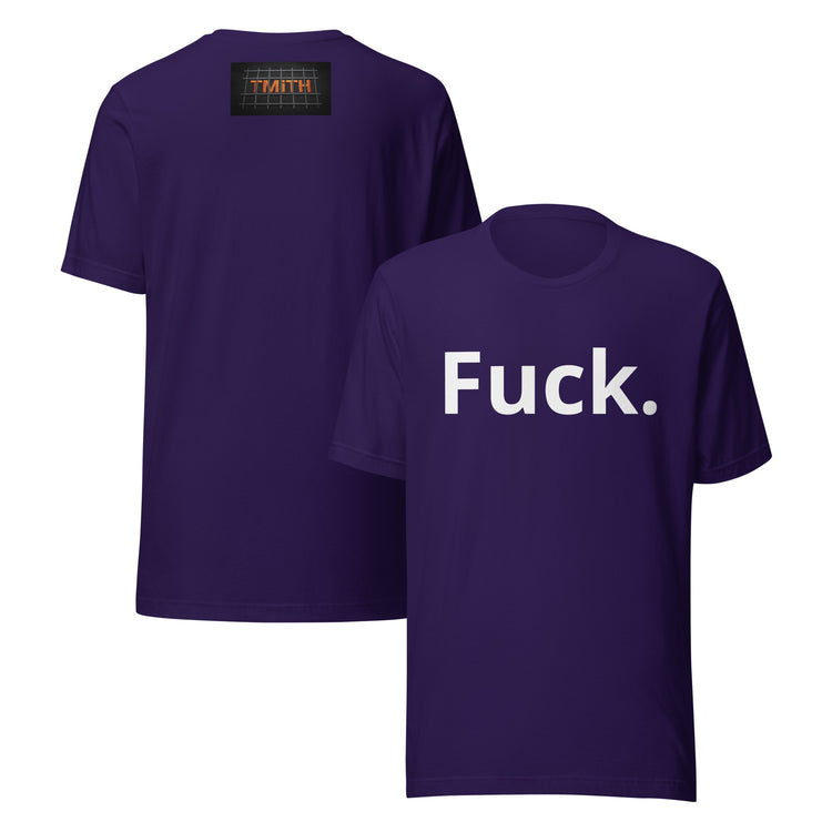 team purple TMiTH graphic tee, front and back with white “Fuck.” lettering and orange TMiTH behind jail bars. The Man in The Hat 907 artist merch expressing generational trauma and breaking the silence.